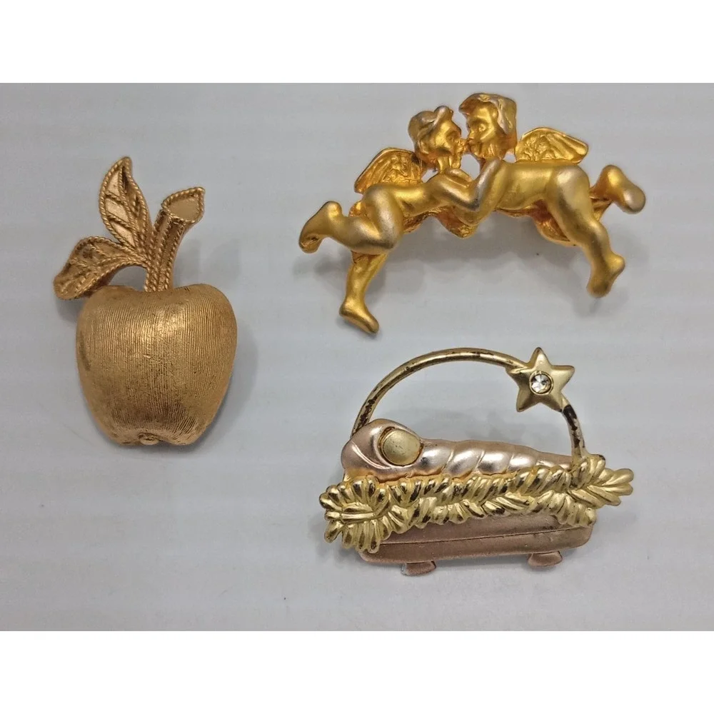 Lot 3 Vintage Gold Tone Brooches Avon Apple Angel‎ Nativity
